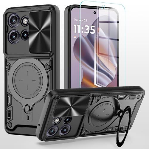 XRCS for Motorola Moto Edge 50 Neo Case,with Camera Lens Cover Slider 1Pack Screen Protectors Magnetic Kickstand Protective Case Heavy Duty Rugged Cell Phone Protective Cover Black
