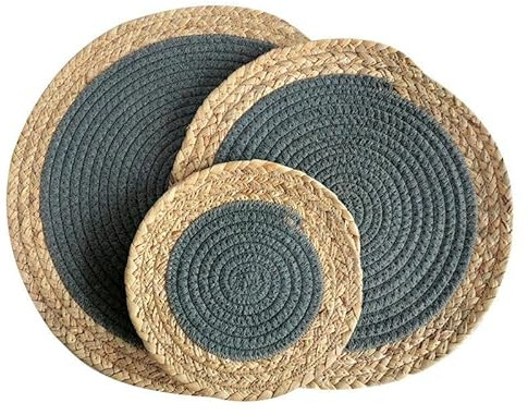 Washable Tablecloth, 1/3pcs 20/30cm Woven Placemats, Round, Wicker Water Hyacinth With Cotton, Braided Set Anti-Slip for Dinner Plate(Dark Grey,30cm)