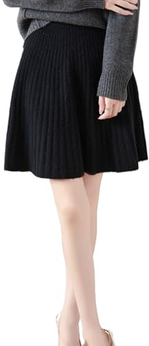 Ailaile Falda corta para mujer, 100 % lana merino, falda de punto acanalada con cintura elástica, Negro -, XL