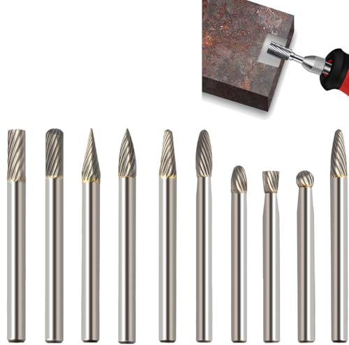 KEWAYO Hartmetall Frässtifte Set,10 Stück Metall Fräser Rotations Bohrer mit 6mm Schaft Hartmetallfräser,Drehwerkzeug Zubehör für Schleifen, Schnitzen, Metallpolieren, Gravieren, Bohren