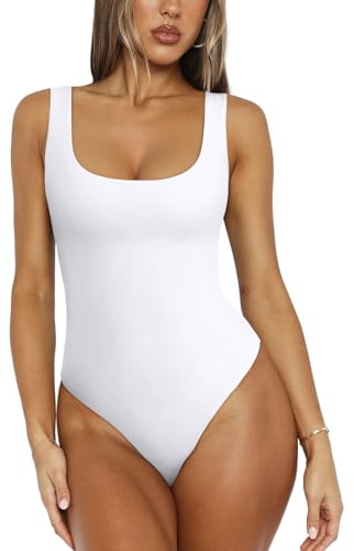 REORIA Women's Sexy Scoop Neck Sleeveless Bodysuit Backless Double Lined Tank Tops White Medium