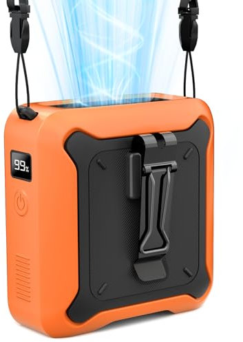Portable Waist Fan Clip on Belt Under Shirt w/LED Display & Flashlight, 8000mAh Battery Powered, Rechargeable 5-Speed 14600RPM Personal Cooling Fan for Construction, Warehouse, Outdoor Jobsite, Orange