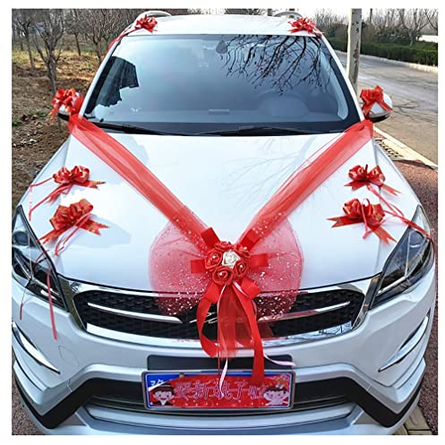 Decorazione per auto da sposa, coppia di rose, decorazione per auto, matrimonio, decorazione per auto, matrimonio, in tulle, con rose artificiali, decorazione per auto, matrimonio, colore rosso