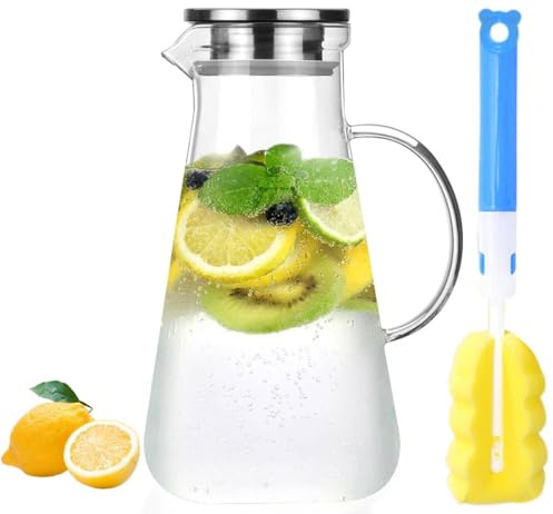 Glaskaraffe 2,2 Liter mit Deckel aus Borosilikatglas, Wasserkaraffe mit Deckel Wasserkrug mit Tropffreiem Ausgießer, Glaskrug 2 Liter für Heiße & Kalte Getränke wie Eistee, Saft, Cocktails