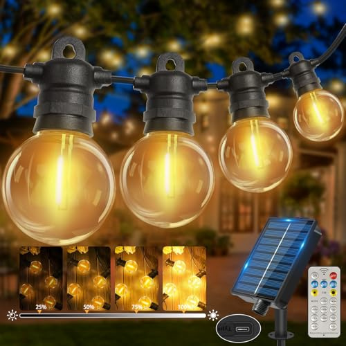 lP68 - Catena di luci solari per esterni, 10 m, 18 lampadine + 2 pezzi di ricambio, G40, in plastica ABS, per esterni, impermeabile, luce solare per esterni, luce bianca calda, per romantiche