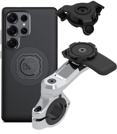 QUAD LOCK Lenker Handyhalterung PRO Chrom für Motorrad mit Vibrationsdämpfer und MAG Hülle für Galaxy S25 Ultra