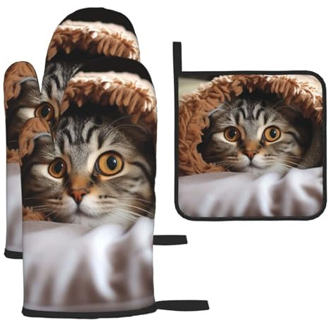 Lot de 3 gants de cuisine et maniques résistants à la chaleur de 260 °C - Gants de cuisine et coussinets chauds pour chat - Gants de cuisine pour cuisson au barbecue