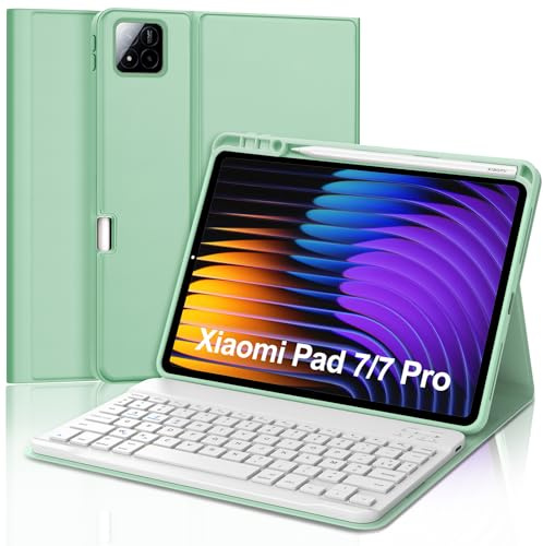Coque Clavier pour Xiaomi Pad 8/Pad 8 Pro 11.2 2025, AZERTY Français Housse Clavier Bluetooth Magnétique Détachable avec Porte Crayon pour Tablette Xiaomi Pad 7/Pad 7 Pro 11.2 Pouces 2024, Vert Clair