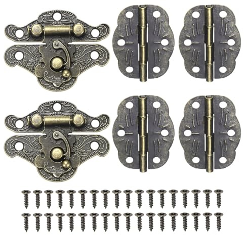 M METERXITY 2 Jeux De Charnières Et Loquets Pour Boîte À Bijoux, 1.88in (48mm) 2pcs Loquet En Fer Et 4pcs Charnières Miniatures À Plier Pour Boîte En Bois/Boîte À Bijoux/Armoire
