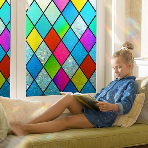dktie Fensterfolie Blickdicht, Sichtschutzfolie Dekorative Fenster Bunt, Anti-UV Regenbogen Folie Fenster Statisch Haftend ohne Klebstoff für Büro, Wohnzimmer 44.5x200cm