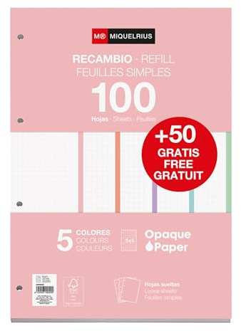 Miquelrius - Nachfüllblock A4 mit karierten Blättern 5x5 mm, 150 Blatt à 90 g/m² in 5 kräftigen Farben, Mit Standardlochung für Ringordner, Schulmaterial