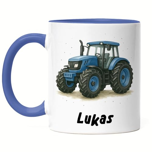 Kiddle-Design Kindertasse Trecker mit Namen, Namenstasse Traktor Kinder Jungen Kindergarten, Kinderbecher mit Namen Geschenkidee Geburtstag Einschulung Jungs, Tasse Weiß