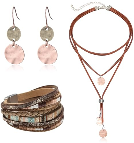 Gkhlg 1 Set Boho Necklaces for Women Boho Jewelry Set with Bohemian Necklace Bracelet Earrings Indian Jewellery Sets for Women Vintage Western Jewellery Cowgirl Accessories for Daily Wear Parties