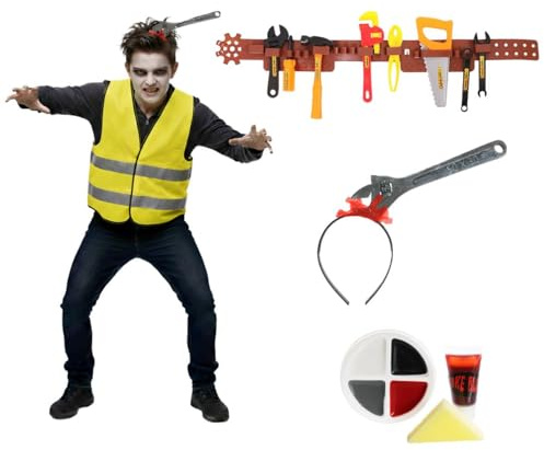 Zombie Builder für Kinder, Größe M, gelbe Warnweste, Schraubenschlüssel am Stirnband, Werkzeuggürtel mit 8 Werkzeugen, Gesichtsfarbe, Kunstblut – Kinder, Jungen, Mädchen, gruseliges Halloween-Kostüm