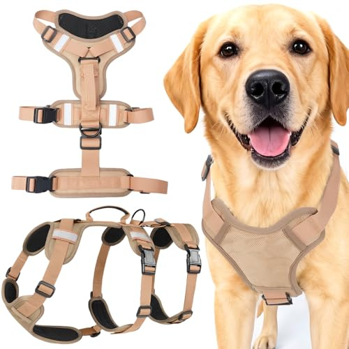 AKOFIC Pettorina Antifuga Cane Taglia Media e Grande, Riflettente Pettorina Tattica Cane Regolabile con Maniglia Imbottita, Imbracatura per Cani Traspirante per Addestramento e Corsa (Cachi, XL)