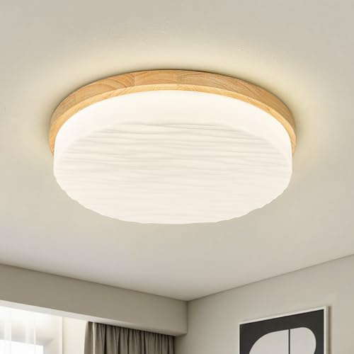 Vikaey Holz LED Deckenleuchte, Moderne Weiße Deckenlampe, Runde Led Lampe für Flur, Wohnzimmer, Küche, Schlafzimmer, Esszimmer 27 cm
