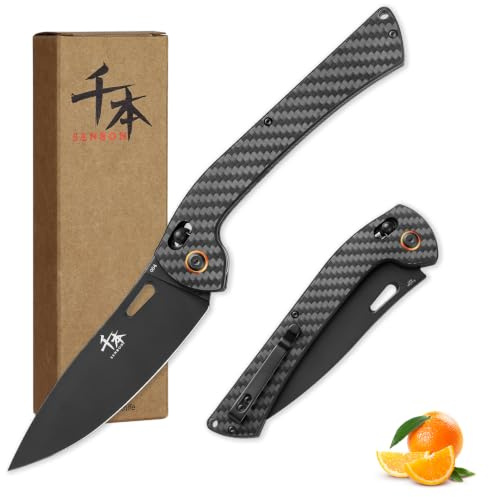 SENBON faltbarer Küchenmesser, AUS-8 Edelstahl mit schwarzer Titanbeschichtung, Kohlefasergriff mit Rückenclip, tragbares Outdoor-Fruchtmesser mit Faltfunktion