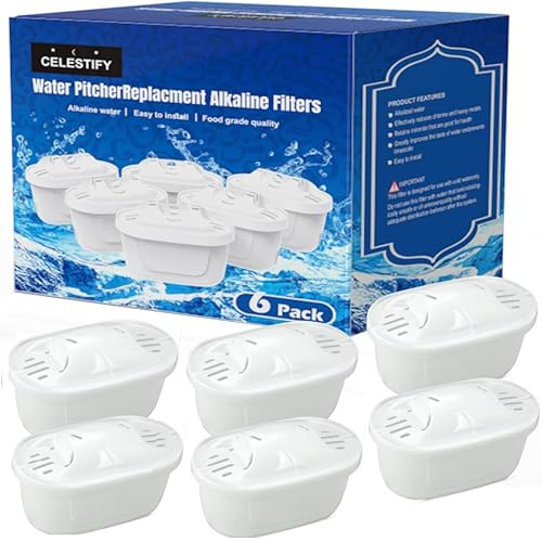 CELESTIFY Alkaline Water Filter Cartridges 6-Pack, for Brita Maxtra Pro, Maxtra+, compatible with all BRITA jugs incl PerfectFit, pH Boost & 99% Chlorine Reduction Reduces PFAS, PFOA/PFOS & Impurities