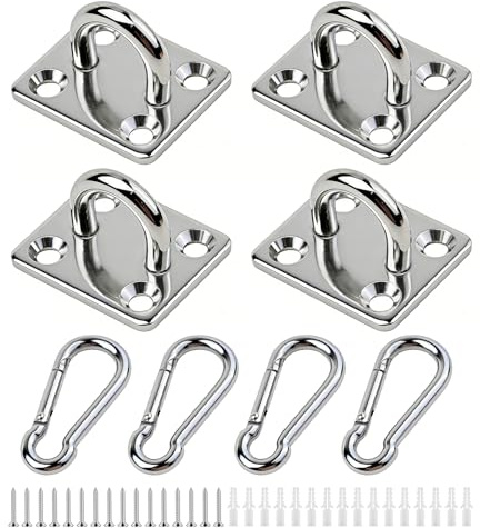 4 viti per occhi quadrati in acciaio inox M5 ad alte prestazioni + 4 moschettoni per attività all'aperto e in interni, pannelli di copertura, tende da sole, ganci di fissaggio a parete e soffitto