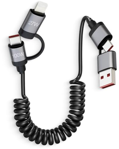 CanQuanSWZX 4 in 1 Universal Ladekabel Spiralkabel 1,5 m für 17 16 Pro Max Auto und Alltag, Multi USB Schnellladekabel mit mehrfachen Anschlüssen
