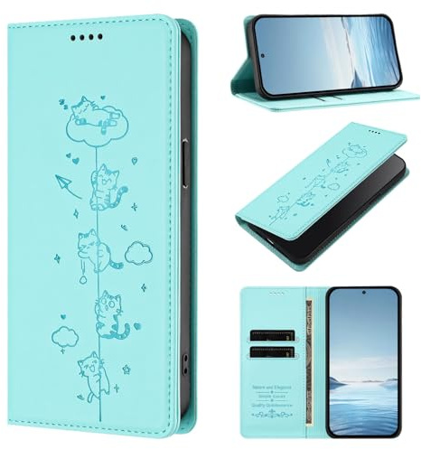 BEENTRYS Cuero PU Funda para Motorola Moto E20 / E30 / E40 Funda,Carino Gato Cartera con Tapa Ranuras para Tarjetas Soporte Magnético Flip Case Protección RFID Antigolpes Carcasa-Menta