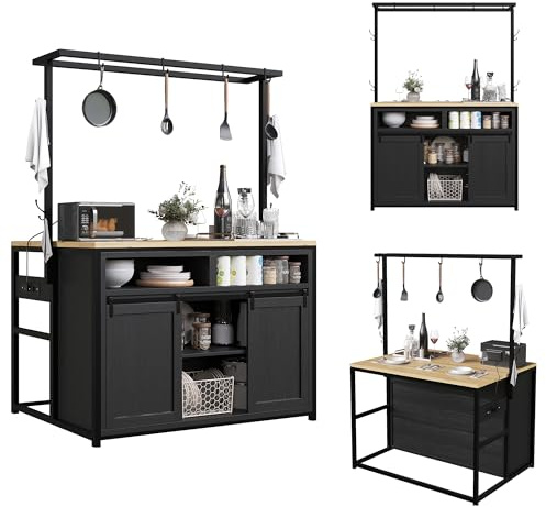 Azkoeesy Isola Cucina con Prese Elettriche, 107x62x183 cm, Ripiano Sospeso, Ante Scorrevoli, Struttura in Metallo Nero, Mobile Cucina con Piano di Lavoro (Nero)