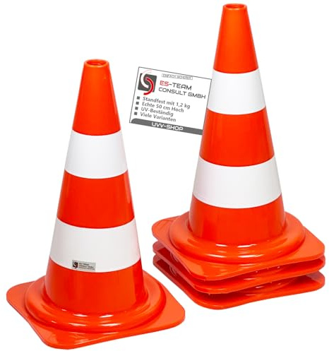 UvV 4 x 50 cm Leitkegel Warnleitkegel Pylon 1,2 kg schwer 500 mm Verkehrshütchen Kegel Orange mit 2 weissen Streifen (Folie) stapelbar Hergestellt in Delbrück (Orange-Weiss)