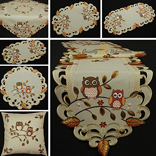 Eulen Tischdeckchen Tischläufer Decke Kissenhülle Leinen-Optik Creme Beige Herbst Blatt Stickerei - Größe wählbar (ca. 30 x 45 cm Oval)