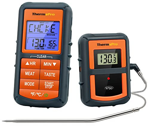 ThermoPro TP07 Termometro da Cucina Wireless Remoto Termometro Barbecue Digitale per BBQ Alimenti Carne Forno con 2 Modalità di Tempo e 3 Diversi Colori di Retroilluminazione per Display LCD, Utili entro 100 Metri