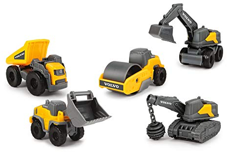 Dickie Toys 203722008 Volvo Micro Workers, 5er Spielzeugset, Bagger, Baustelle, Set Baufahrzeuge, Baustellenauto Kinder, Baustellenfahrzeuge, Geschenkset, für Kinder ab 3 Jahren, gelb/grau