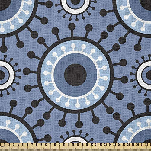 ABAKUHAUS Blau und weiß Stoff als Meterware, Blumenkreise, Microfaser Multi Zweck Dekostoff für Kunsthandwerke, 3M (230x300cm), Blaugrau Weiß Schwarz
