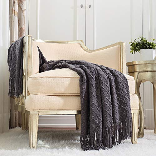 CREVENT Gestrickte dekorative Überwurfdecke für Couch, Sofa, Stuhl, Bett, weich, atmungsaktiv, leicht, für Frühling und Sommer (127,7 x 152,4 cm, dunkelgrau/schwarz)