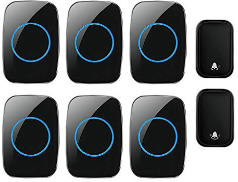 LIUXIUER Timbre Inalámbrico, Kit De Timbre Inalámbrico De La Puerta 6 Receptores 2 Botón (Energía Autogenerada), 60 Timbres 5 Volumen De Nivel, Timbre De Entrada A Prueba De Agua,Negro