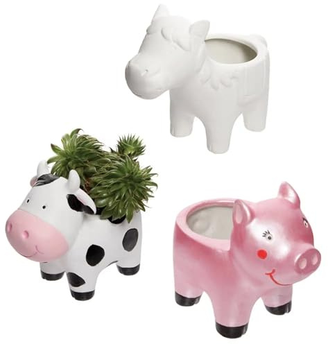 Baker Ross FE548 Bauernhoftier Keramik Blumentopf zum Bemalen - 3er Pack, für Kinder zum Dekorieren und Basteln, Weiß