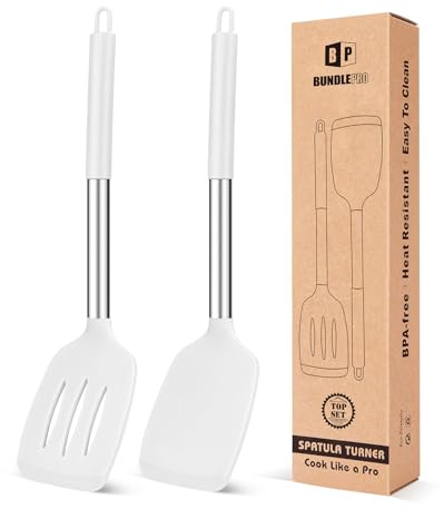 Pack of 2 Silicone Solid Turner,Non Stick Slotted Kitchen Spatulas,High Heat Resistant BPA Free Cooking Utensils,Ideal Cookware for Fish,Eggs,Pancakes (White)