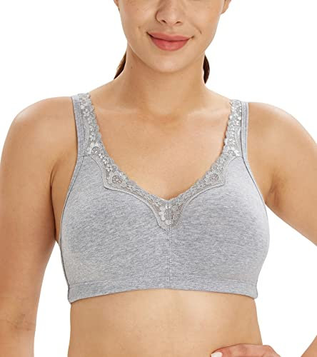 Lemorosy Comfort Plus Size Women's Lace Cotton Bras Full Coverage Non-Foam Wireless Underwear(Grey,44DD)