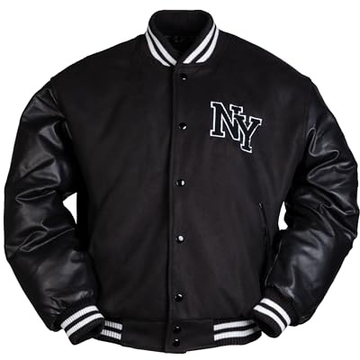 Mil-Tec NY Baseball Jacke mit Patch • Stylishe College Jacke in Schwarz • Urbaner Look mit Kontrast-Ärmeln aus Lederimitat • Gefütterter Winterblouson • Hochwertiger Materialmix • Gr.L