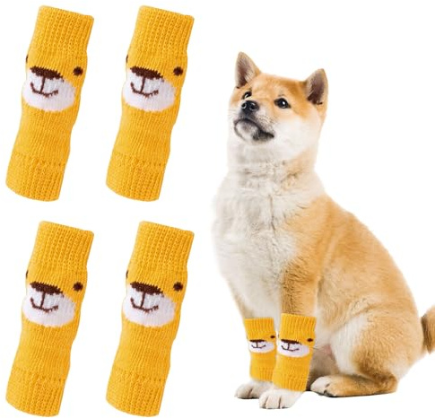 Hunde Beinwärmer, 4 Stück Winter Weiche Warme Gestrickte Hundebeinsocken, Cartoon-Tierbär Hundebeine Ärmel Gelenkschutz, geeignet für Kätzchen, Welpen, kleine, mittelgroße Hunde, Katzen (Gelb, S)