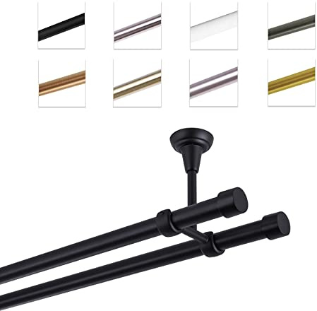 MDEKOR Gardinenstange 140 cm 2-läufig | Vorhangstange für die Deckenmontage Schwarz aus Metall | Gardinenstangenset Ø 19mm