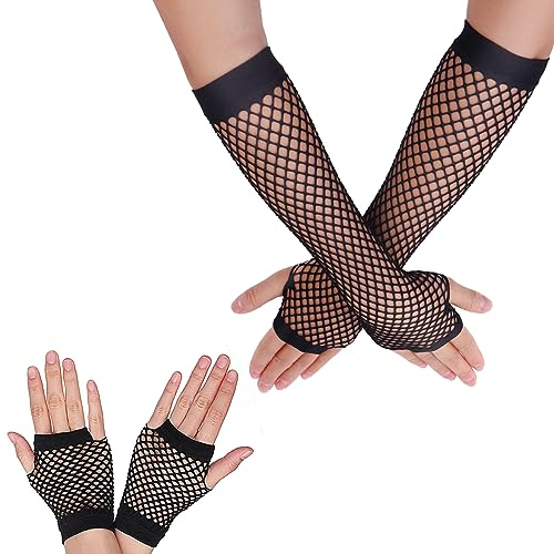 Yolev 2 Paar Netzhandschuhe Schwarz Damen Fingerlose Handschuhe Lang Kurz Netzhandschuhe 80er-Jahre Retro Party Disco Maskerade Kostüm Zubehör