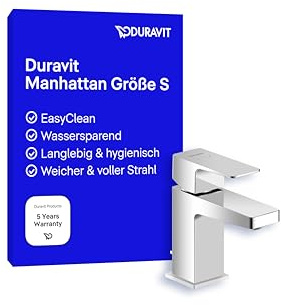 Duravit Manhattan wassersparende Waschtischarmatur, Größe S (Auslauf Höhe 76 mm), Wasserhahn Bad mit Zugstangen-Ablaufgarnitur, Armatur Waschbecken, Chrom