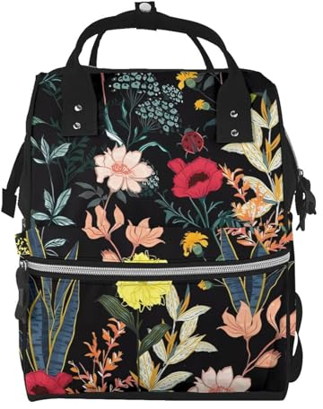 OrcoW Bunte Boho Blumendruck Wickeltasche Mama Rucksack Große Kapazität Multifunktions Wasserdichte Windeltasche Für Mama Und Papa, Schwarz , One size
