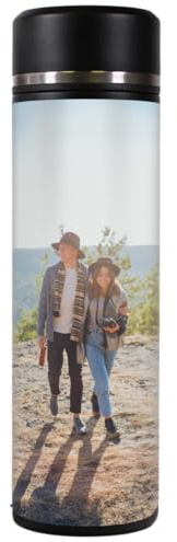 Kopierladen Karnath GmbH Personalisierte Trinkflasche Lotty mit eigenen Fotos, Texten und Logos selbst gestalten - schwarze Thermosflasche, 450 ml, auslaufsicher