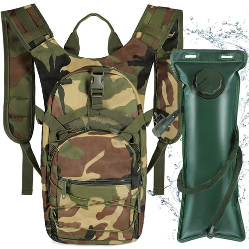 Neloheac 15L Taktischer Trinkrucksack mit 3L Wasserblase, Militärer Tagesrucksack Mann Frau, Fahrradrucksack mit Wasserblase Wandern Laufen Camping MTB Ski, Tarnung