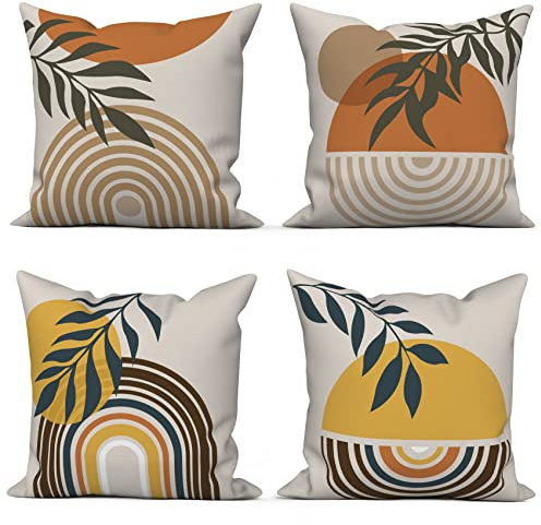 ASDCXZ Boho Kissenbezug 40x40 cm 4er Set, Modern Abstrakt Kunst Blätter Sonne Beige Sofa Dekokissen Kissenbezüge Kissenhülle Waschbar Polyester Flachs Textil Outdoor Kopfkissenbezug Kissen Bezug