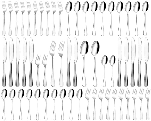 Couverts de Table 12 Personnes, Ménagère 60 Pièces en Acier Inoxydable, Polis et Lavables au Lave-Vaisselle, Ménagère Couverts Élégants, Couteaux/Fourchettes/Cuillères,pour Maison, Fête, Restaurant