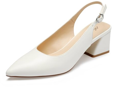 GENSHUO Scarpe da Donna con Tacco Basso e Spesso, con Punta Chiusa e Cinturino Posteriore, 6 cm, per Ufficio, Matrimonio, Festa, Bianco, 38.5 EU