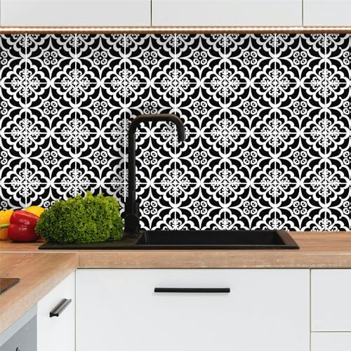Crédence adhésive pour cuisine carreaux autocollant 20x20cm lot de 12 pièces, ornemental carreaux ciment noirs et blancs, carrelage autocollant mural salle de bain en vinyle, 100% français