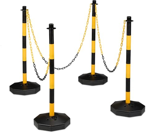 Relaxdays Poteau de signalisation, Lot de 4, avec 3 chaînes, HxD : 85 x 29 cm, balisage Parking, Plastique, Jaune/Noir