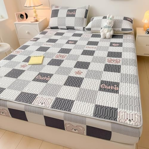 FOREPOTY Weiche Atmungsaktivem Spannbettlaken,Sommer Kühle Latex-Bettwäsche, Matratzenschoner Mit Cartoon-Aufdruck Für Kinderzimmer, Bettbezug Für Kinderzimmer,Gitter,150 * 200cm (3 Stück)